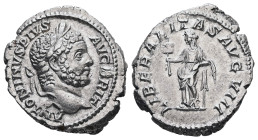 Caracalla, AD 197-217. AR, Denarius. 3.91 g. 20.24 mm. Rome.
Obv: ANTONINVS PIVS AVG BRIT. Head of Caracalla, laureate, bearded, right.
Rev: LIBERALIT...