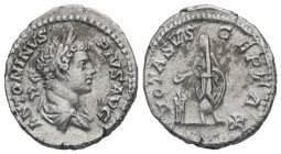 Caracalla, AD 198-217. AR, Denarius. 2.39 g. 18.64 mm. Rome.
Obv: ANTONINVS PIVS AVG. Head of Caracalla, laureate, right.
Rev: VOTA SVSCEPTA X. Caraca...