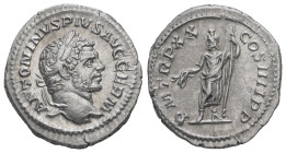 Caracalla, AD 197-217. AR, Denarius. 2.99 g. 19.14 mm. Rome.
Obv: ANTONINVS PIVS AVG GERM. Head of Caracalla, laureate, right.
Rev: P M TR P XX COS II...