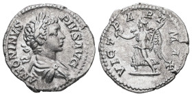 Caracalla, AD 197-217. AR, Denarius. 3.12 g. 19.51 mm. Rome.
Obv: ANTONINVS PIVS AVG. Bust of Caracalla, laureate, draped, right.
Rev: VICTORIA PARTH ...