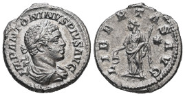 Elagabalus, 218-222 AD. AR, Denarius. 3.16 g. 19.39 mm. Rome.
Obv: IMP ANTONINVS PIVS AVG. Laureate and draped bust of Elagabalus right.
Rev: LIBERTAS...