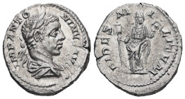 Elagabalus, 218-222 AD. AR, Denarius. 3.38 g. 19.66 mm. Rome.
Obv: IMP ANTONINVS AVG. Bust of Elagabalus, laureate, draped, right.
Rev: FIDES MILITVM....