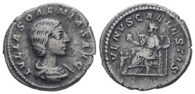 Julia Soemias, AD 218-222. AR, Denarius. 2.93 g. 18.74 mm. Rome.
Obv: IVLIA SOAEMIAS AVG. Bust of Julia Soaemias, hair waved and turned up low at the ...