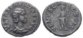 Julia Soemias, AD 218-222. AR, Denarius. 2.70 g. 19.57 mm. Rome.
Obv: IVLIA SOAEMIAS AVG. Bust of Julia Soaemias, hair waved and turned up low at the ...