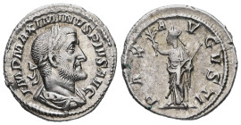 Maximinus I, AD 235-238. AR, Denarius. 2.45 g. 19.79 mm. Rome.
Obv: IMP MAXIMINVS PIVS AVG. Bust of Maximinus I, laureate, draped, cuirassed, right.
R...