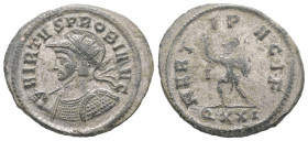 Probus, AD 276-282. BL, Antoninianus. 3.15 g. 24.65 mm. Ticinum.
Obv: VIRTVS PROBI AVG. Bust of Probus, helmeted, radiate, cuirassed, left, holding sp...