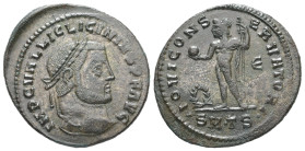 Licinius I, AD 308-324. AE, Follis. 4.43 g. 26.05 mm. Thessalonica.
Obv: IMP C VAL LIC LICINIVS P F AVG. Head of Licinius, laureate, right.
Rev: IOVI ...