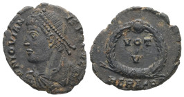 Jovian, AD 363-364. AE, Follis. 2.58 g. 20.68 mm. Heraclea.
Obv: D N IOVIANVS P F AVG. Pearl-diademed, draped and cuirassed bust left.
Rev: VOT V in t...