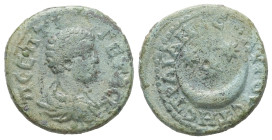 Thrace, Augusta Traiana. Geta, AD 209-211. AE. 3.78 g. 18.21 mm.
Obv: Π CEΠTI ΓETAC K. Bare-headed, draped and cuirassed bust right.
Rev: AVΓOVCTHC TP...