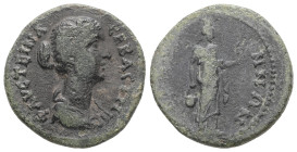 Thrace, Bizya. Faustina II, AD 161-176. AE. 5.23 g. 21.64 mm.
Obv: ΦΑΥϹΤΕΙΝΑ ϹΕΒΑϹΤΗ. Draped bust of Faustina II, right.
Rev: [ΒΙΖΥ]ΗΝΩΝ. Isis standin...