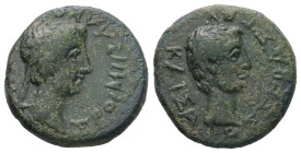 Kings of Thrace, Rhoemetalkes I, circa 11 BC-AD 12. AE. 4.29 g. 18.15 mm.
Obv: ΒΑΣΙΛΕΩΣ ΡΟΙΜΗΤΑΛΚΟΥ. Diademed head of Rhoemetalces, right.
Rev: ΚΑΙΣΑΡ...