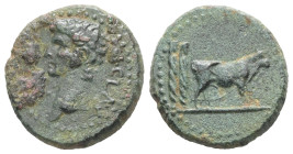 Troas, Alexandria. Claudius, AD 41-54. AE. 3.64 g. 17.08 mm.
Obv: [TI] CLAV [AVG]. Bare head of Claudius, left.
Rev: Two priests ploughing, right.
Ref...