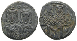 Leo IV the Khazar, Constantine VI, AD 775-780. AE, Follis. 5.03 g. 20.74 mm. Constantinople.
Obv: Crowned busts facing of Leo IV unbearded on left. C...