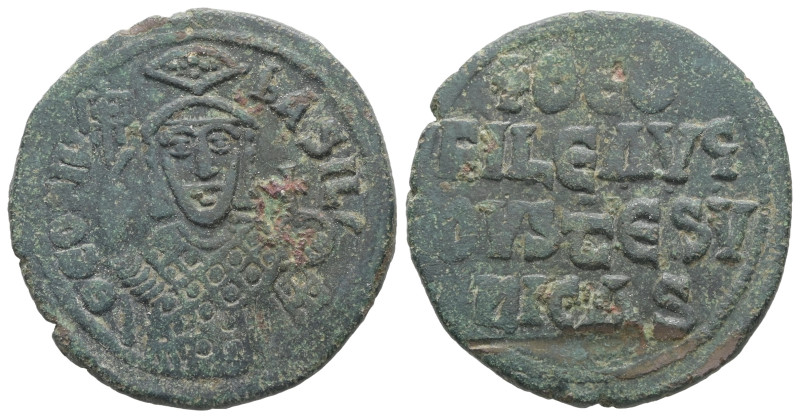 Theophilus, AD 829-842. AE, Follis. 8.60 g. 27.73 mm. Constantinople.
Obv: ΘEOFI...