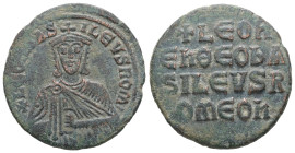 Leo VI the Wise, AD 886-912. AE, Follis. 8.23 g. 24.04 mm. Constantinople.
Obv: + LЄOҺЬAS-ILЄVSROM. Frontal bust of Leo VI with short beard wearing ch...