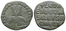 Leo VI the Wise, AD 886-912. AE, Follis. 6.32 g. 23.70 mm. Constantinople.
Obv: + LЄOҺЬAS-ILЄVSROM. Frontal bust of Leo VI with short beard wearing ch...