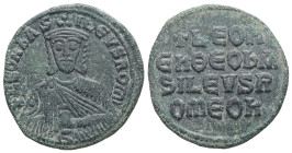 Leo VI the Wise, AD 886-912. AE, Follis. 5.21 g. 25.75 mm. Constantinople.
Obv: + LЄOҺЬAS-ILЄVSROM. Frontal bust of Leo VI with short beard wearing ch...