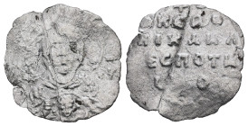 Michael VII Ducas, AD 1071-1078. 2/3 Miliaresion. 0.81 g. 18.47 mm. Constantinople.
Obv: MP - ΘV. Bust of the Virgin orans with medallion of Christ b...