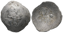 Alexius I, AD 1081-1118. Bl, Aspron Trachy. 2.86 g. 25.66 mm. Constantinople.
Obv: [I]C-XC to left and right of Christ, nimbate, seated facing, holdin...