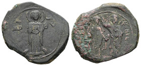 Andronicus I Comnenus, AD 1183-1185. AE, Tetarteron. 4.11 g. 23.50 mm. Constantinople.
Obv: MHP – ΘV. The Virgin Mary, nimbate, standing facing, holdi...