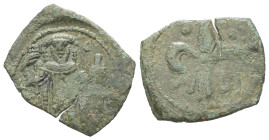 Empire of Nicaea. Theodore II Ducas Lascaris, AD 1254-1258. AE, Tetarteron. 1.98 g. 21.11 mm. Magnesia.
Obv: Theodore, wearing loros, standing facing,...