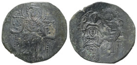 Michael VIII Palaeologus, AD 1261-1282. AE, Trachy. 2.41 g. 23.16 mm. Constantinople.
Obv: The Virgin Mary seated facing on throne.
Rev: Michael kneel...