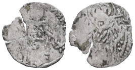 AD 11th-13th centuries (?). AR, 0.47 g. 16.99 mm.
Obv: Emperor (?) standing facing.
Rev: ΔHM[HTΡ]. St. Demetrios (?) standing, nimbate, wearing mili...