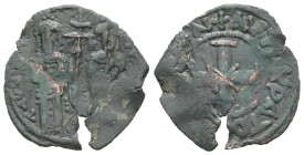 Andronicus II Palaeologus and Michael IX, AD 1282-1328. AE, Assarion. 1.32 g. 20.73 mm. Constantinople.
Obv: T[….]. Andronicus II on left, and Michae...