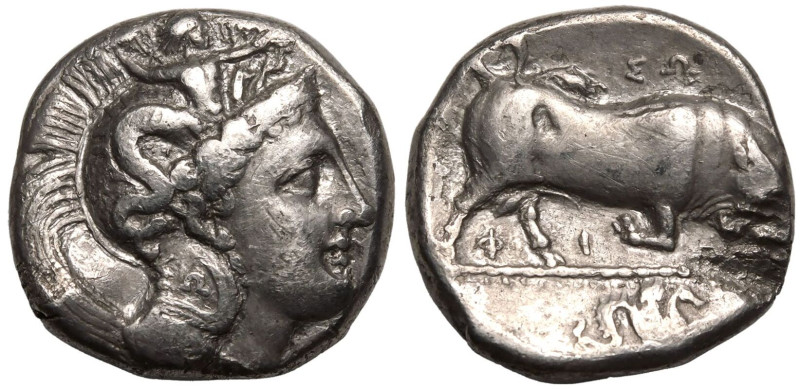 MAGNA GRAECIA. LUCANIA, THOURIOI. 
Silver Nomos, circa 350-300 BC. 
Obv: head ...