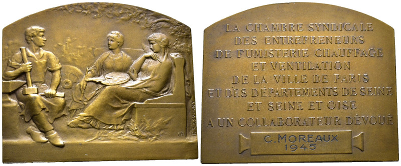 Frankreich, Bronzeplakette 1945 (graviert) von F. Rasumǹy auf die Gewerkschaftsk...