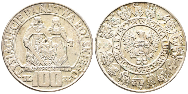 Polen, 100 Zlotych 1966. 1000 Jahre Polen. 20,13 g. K/M 57. Vorzüglich-Stempelgl...
