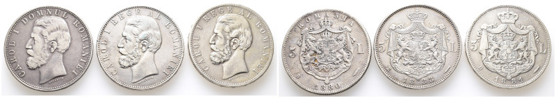 Rumänien, Carol I. 1866-1914, 5 Lei 1880, 1881 und 1883. 3 Stück. K/M 12 und 17....