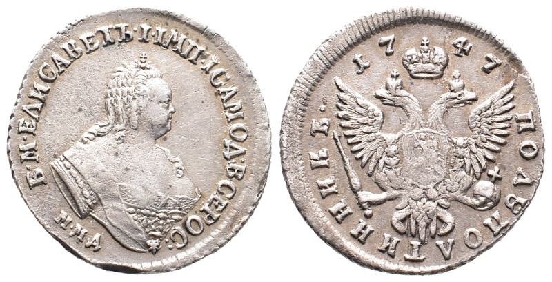 Russland, Elisabeth 1741-1761 1/4 Rubel (Polupoltinnik) 1747, Moskau. 6,56 g. Bi...