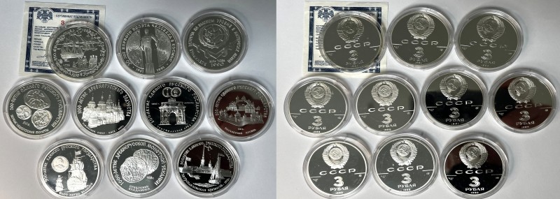 Russland, Republik, kl. Konvolut von 3 Rubel Stücken. 10 Stück. 10 Unzen Feinsil...