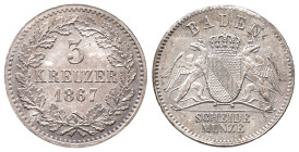 Baden Durlach, Friedrich I. 1852-1907, 3 Kreuzer 1867. 1,27 g. AKS 130. Prachtexemplar von polierten Stempeln. Stempelglanz