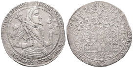 Brandenburg Preussen, Georg Wilhelm 1619-1640, Reichstaler 1627, Königsberg. Spruchtaler. 29,08 g. Dav. 6141; Olding 17 a. Broschierspuren, sehr schön...