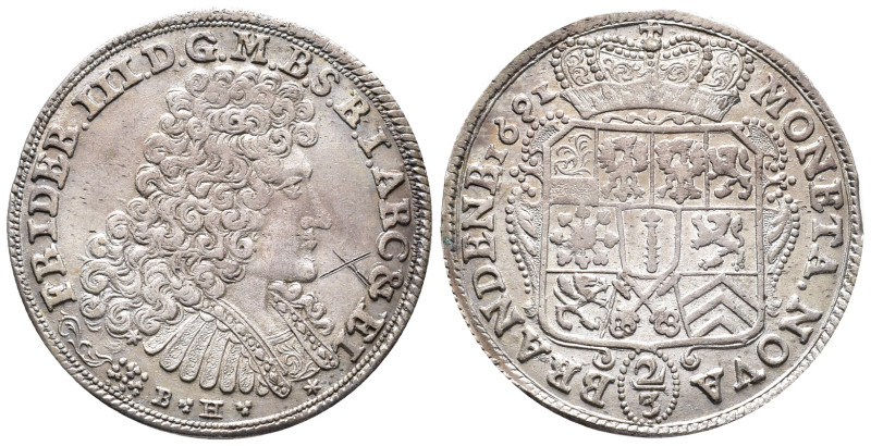 Brandenburg Preussen, Friedrich III. 1688-1701, 2/3 Taler 1691 BH, Minden. 16,85...