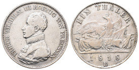 Brandenburg Preussen, Friedrich Wilhelm III. 1797-1840, Taler 1818 D, Düsseldorf. 19,16 g. AKS 13; Dav. 759; Thun 246. Etwas gereinigt, sehr schön