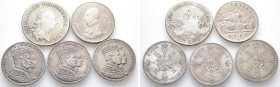 Brandenburg Preussen, kl. Konvolut von 5 Talern. Enthalten sind: Reichstaler 1786, Taler 1818 und Krönungstaler 1861 (3x). Zum Teil mit Fehlern, schön...