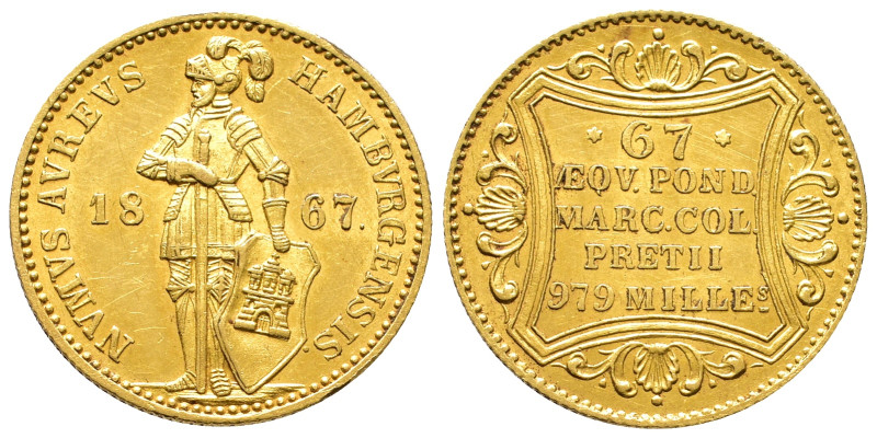 Hamburg, Stadt, Dukat 1867. 3,47 g. Fb. 341. Kl. Prüfspur am Rand, feine Kratzer...