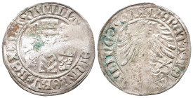 Nördlingen, Eberhard IV. 1503-1535, Schilling 1507. 2,38 g. Schulten 2413. Sehr selten. Knickspur, fast sehr schön