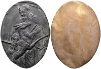 Kunstmedaillen, Ruppel, Barbara, Bronzegussmedaille (einseitig) 1970 "Hl. Aegidius mit Hirschkuh" 114 x 82 mm; 242,65 g. Fast gussfrisch