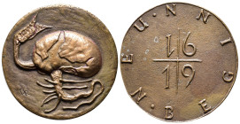 Kunstmedaillen, Ruppel, Barbara, Bronzegussmedaille 1991 "Neubeginn - Keimende Bohne" 61 mm; 89,79 g. Gussfrisch