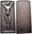 Kunstmedaillen, Weinberger, Anton, Bronzeplakette o. J. "Nackte mit Pfau" 109 x 49 mm; 176,12 g. Vorzüglich