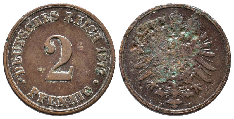 Kaiserreich, Kleinmünzen, 2 Pfennig 1877 B. J. 2. Belag, korrodiert, schön-sehr ...