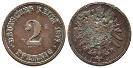 Kaiserreich, Kleinmünzen, 2 Pfennig 1877 B. J. 2. Belag, korrodiert, schön-sehr schön