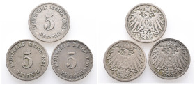 Kaiserreich, Kleinmünzen, 5 Pfennig 1891 E, G und 1910 J. 3 Stück. J. 12. Sehr schön
