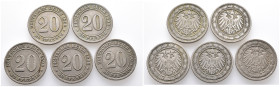Kaiserreich, Kleinmünzen, 20 Pfennig 1890 A, D, E, F, J. 5 Stück. J. 14. Meist sehr schön