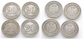 Kaiserreich, Kleinmünzen, 20 Pfennig 1892 A, D, F, J. 4 Stück. J. 14. Meist sehr schön