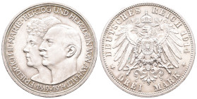 Kaiserreich, Anhalt, Friedrich II. 1904-1918, 3 Mark 1914. Silberhochzeit. J. 24. Winz. Kratzer, fast Stempelglanz